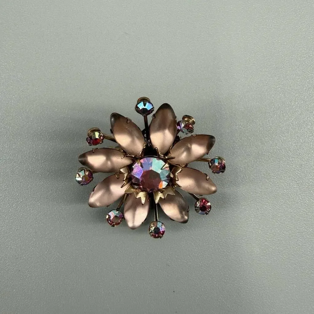 Vintage Pink Satin Glass Flower Brooch AB Rhinestones Petals Gold Tone Floral
